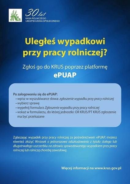 Plakat informujący o możliwości zgłoszenia wypadku przez platformę ePUAP