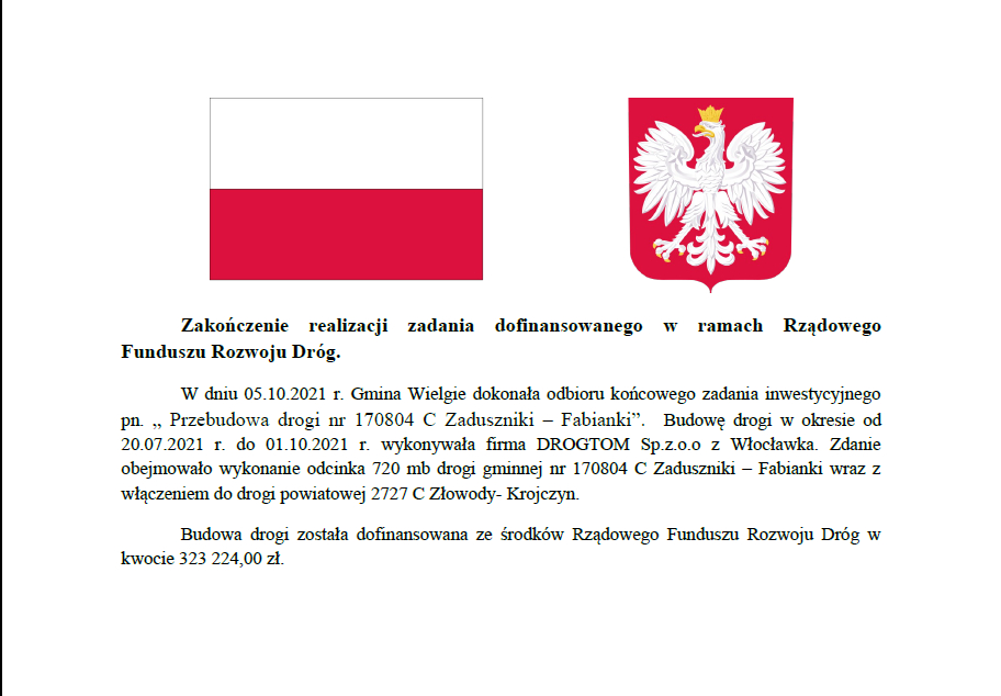 Informacja o zakończonej realizacji zadania w ramach Rządowego Funduszu Rozwoju Dróg