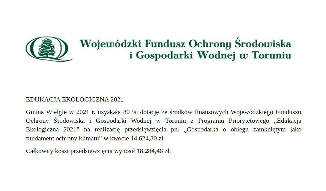Informacja o uzyskanej dotacji ze środków finansowych Wojewódzkiego Funduszu Ochrony Środowiska i Gospodarki Wodnej w...
