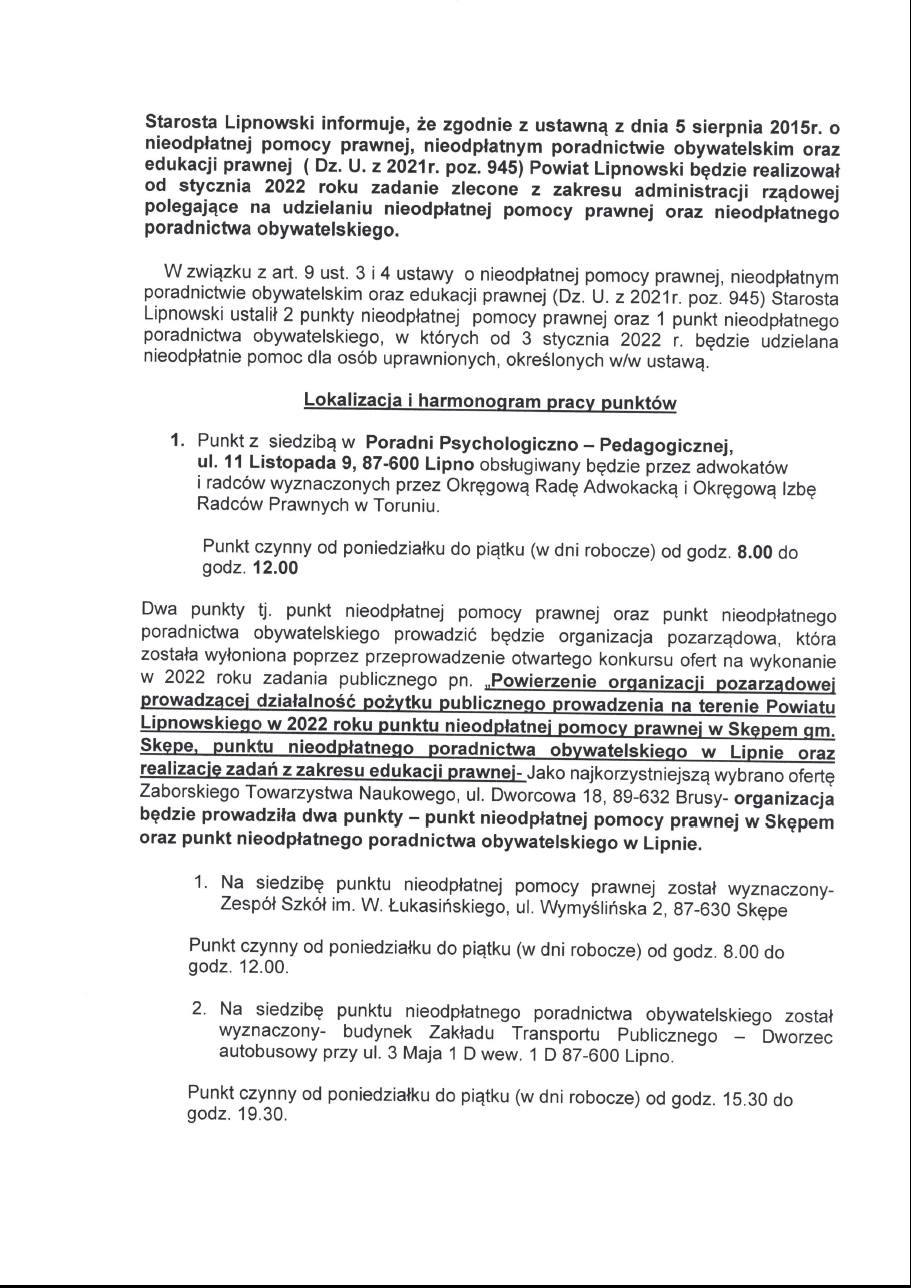 Informacja dotycząca nieodpłatnej pomocy prawnej oraz nieodpłatnego poradnictwa obywatelskiego str. 1