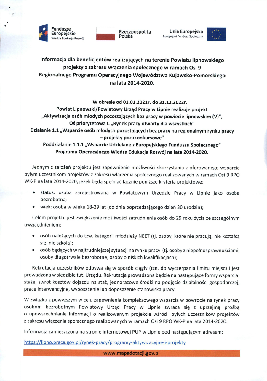Informacja Powiatowego Urzedu Pracy w Lipnie nt. Aktywizacji osób młodych pozostających bez pracy