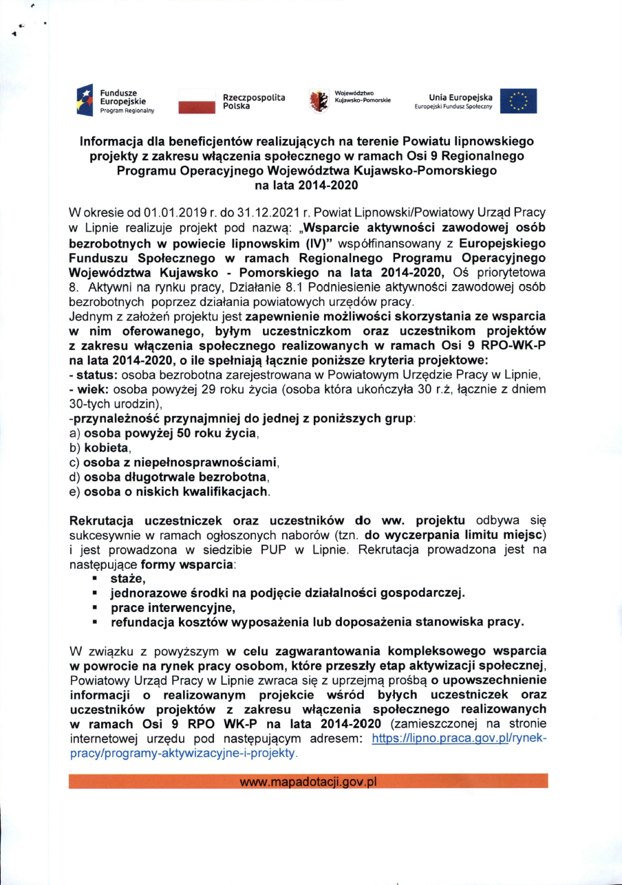 Informacja Powiatowego Urzedu Pracy w Lipnie nt. Wsparcia aktywności zawodowej osób bezrobotnych w powiecie lipnowskim