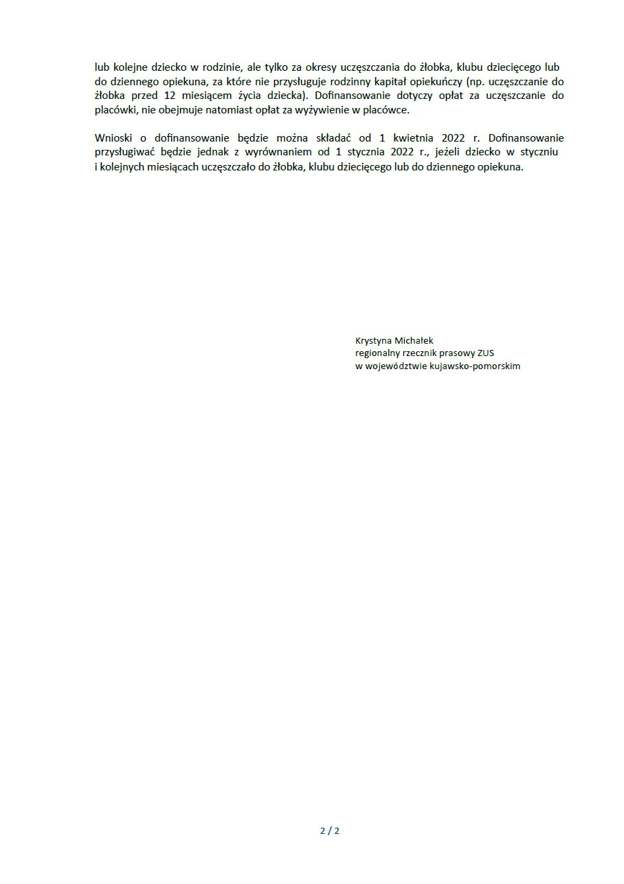 Informacja ZUS w sprawie rodzinnego kapitału opiekunczego str. 2