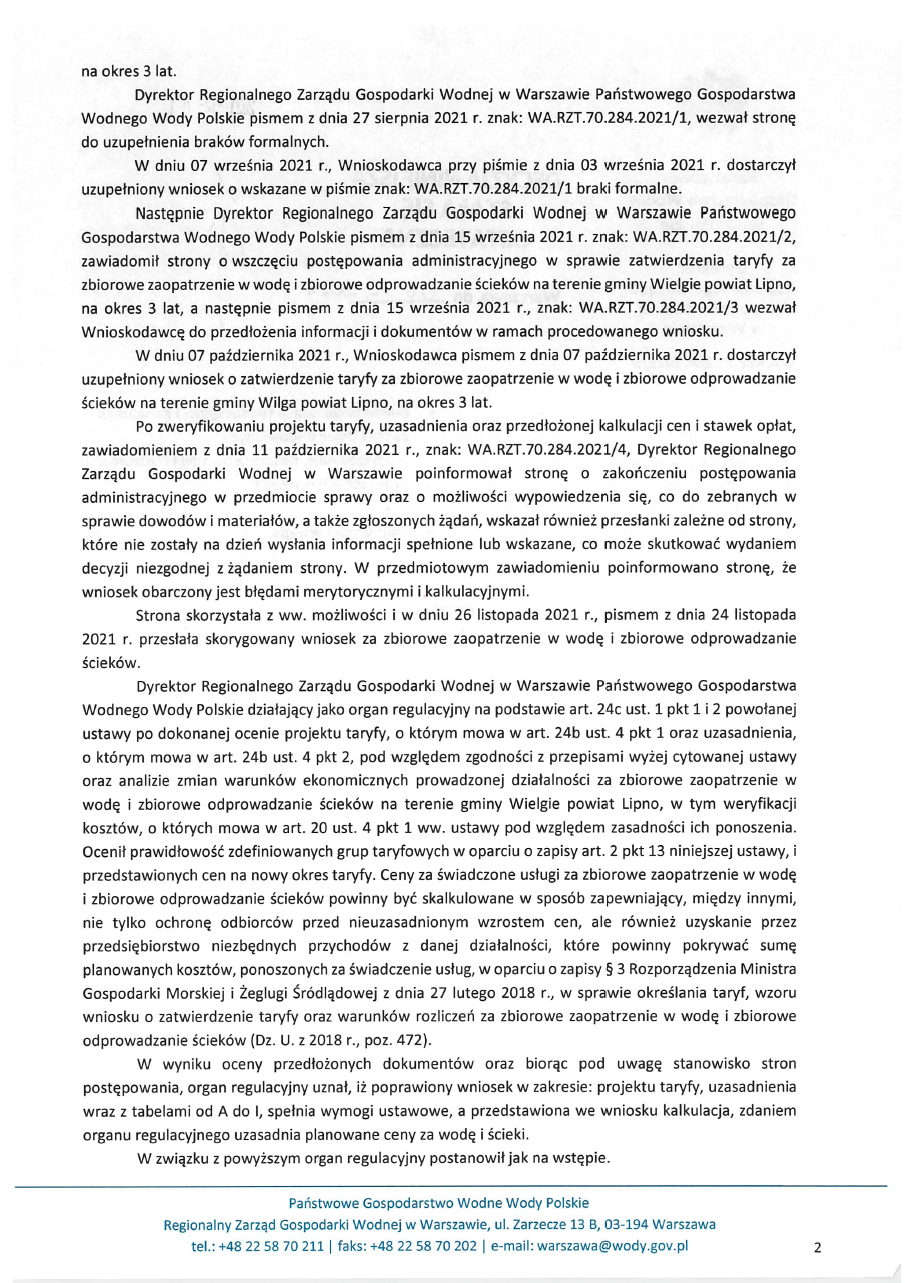 Decyzja Wód Polskich zatwierdzająca taryfę za zbiorowe zaopatrzenie w wodę i odprowadzenie ścieków str. 2