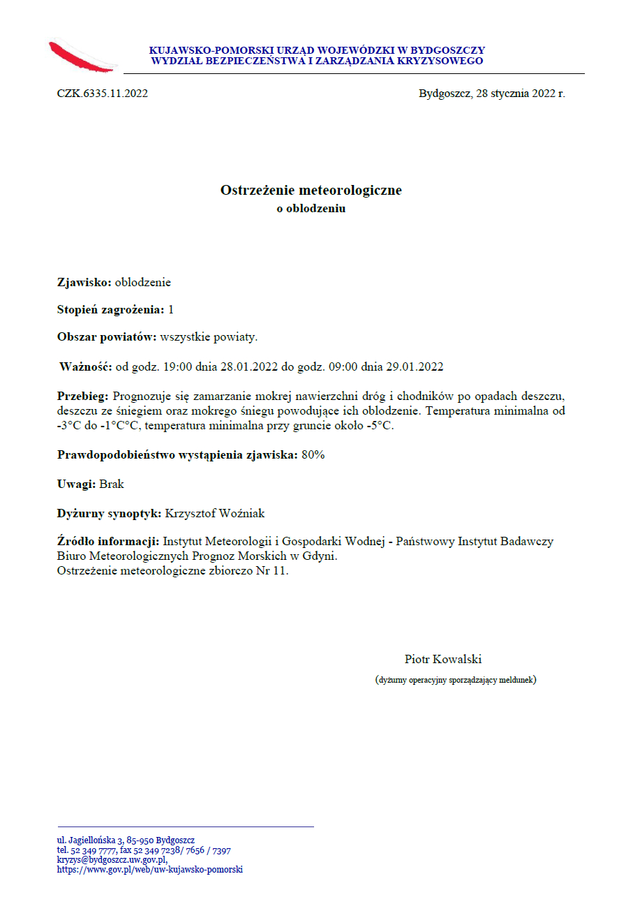 Ostrzeżenie meteorologiczne, informujące o oblodzeniach