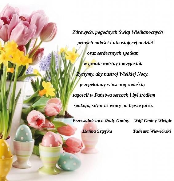 Życzenia Wielkanocna na tle żonkili, tulipanów i pisanek