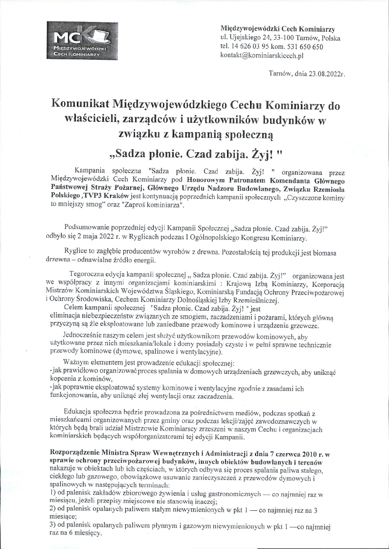 W lewym górnym rogu logo Międzywojewódzkiego Cechu Kominiarzy poniżej str. 1 komunikatu o kampanii społecznej