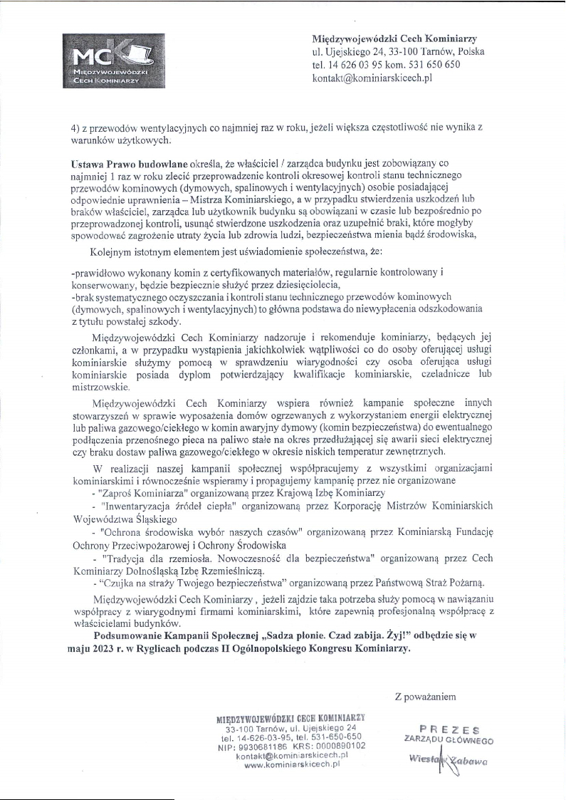 W lewym górnym rogu logo Międzywojewódzkiego Cechu Kominiarzy poniżej str. 2 komunikatu o kampanii społecznej