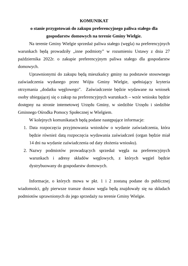 Komunikat o stanie przygotowań do zakupu preferencyjnego paliwa stałego