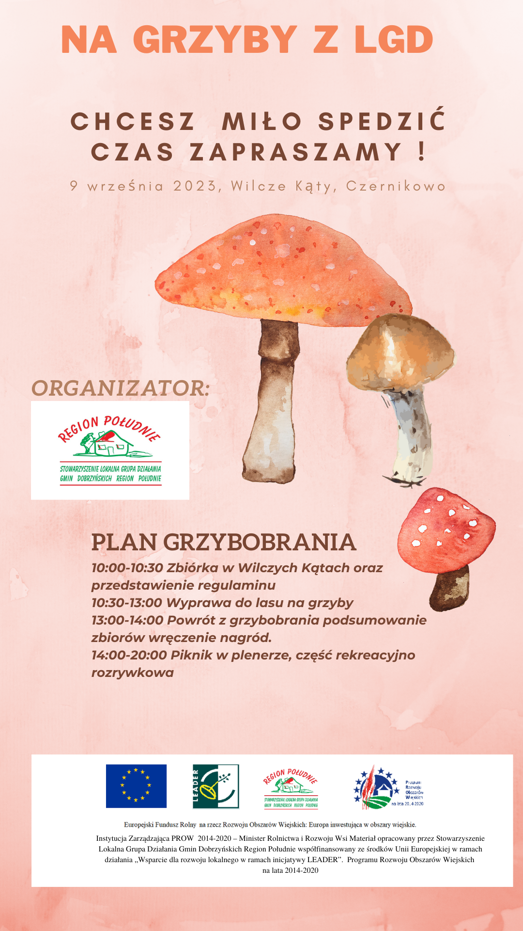 Plakat z informacją o "Grzybobraniu 2023", na środku plakatu grzyby, poniżej plan grzybobrania