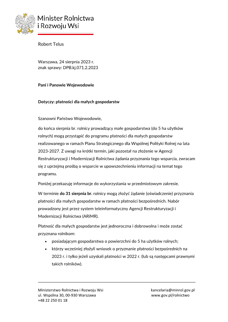 Pismo MRIRW dotyczące dofinansowania małych gospodarstw str. 1