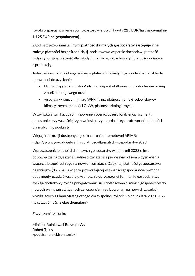Pismo MRIRW dotyczące dofinansowania małych gospodarstw str. 2