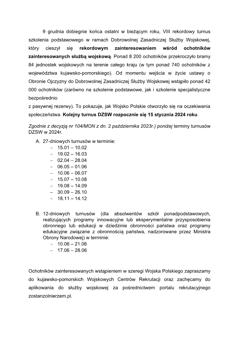 Informacja prasowa dotycząca dobrowolnej zasadniczej służby wojskowej str. 1