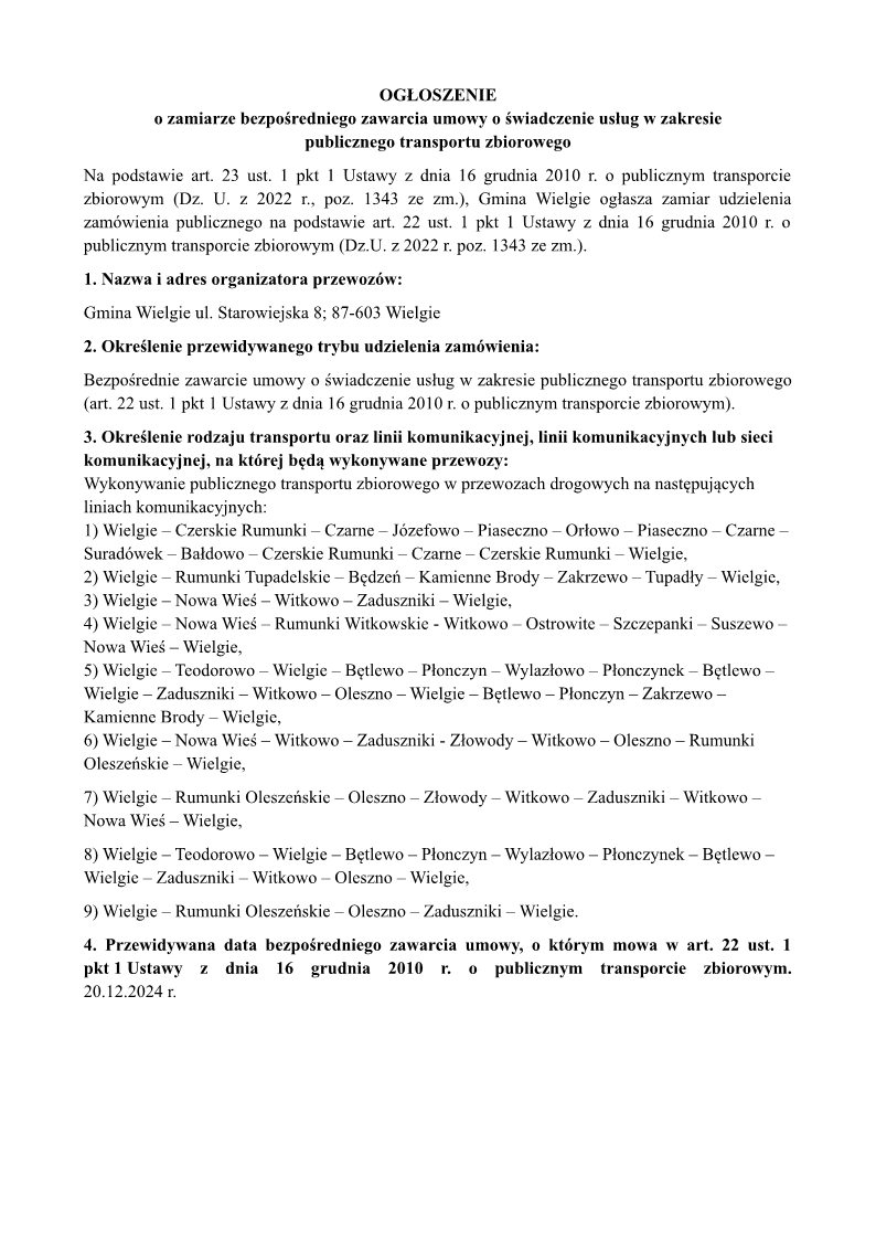 Ogłoszenie o zamiarze bezpośredniego zawarcia umowy o świadczenie usług w zakresie publicznego transportu zbiorowego str. 1