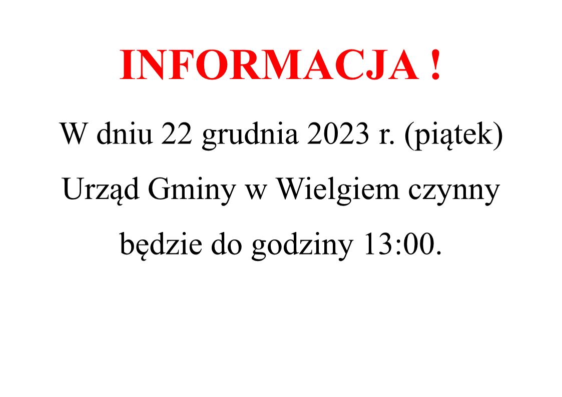 Informacja dotycząca krótszej pracy Urzędu w dniu 22 grudnia 2023 roku