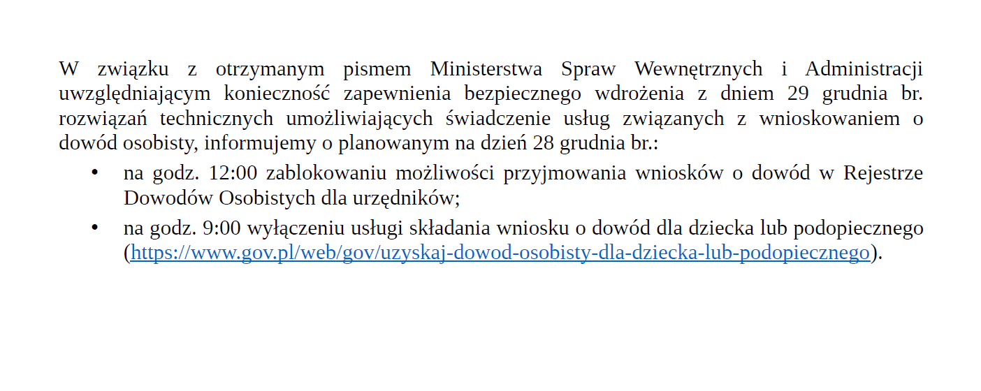 Informacja dotycząca zablokowania możliwości przyjmowania wniosków o dowód w Rejestrze Dowodów Osobistych dla urzędników