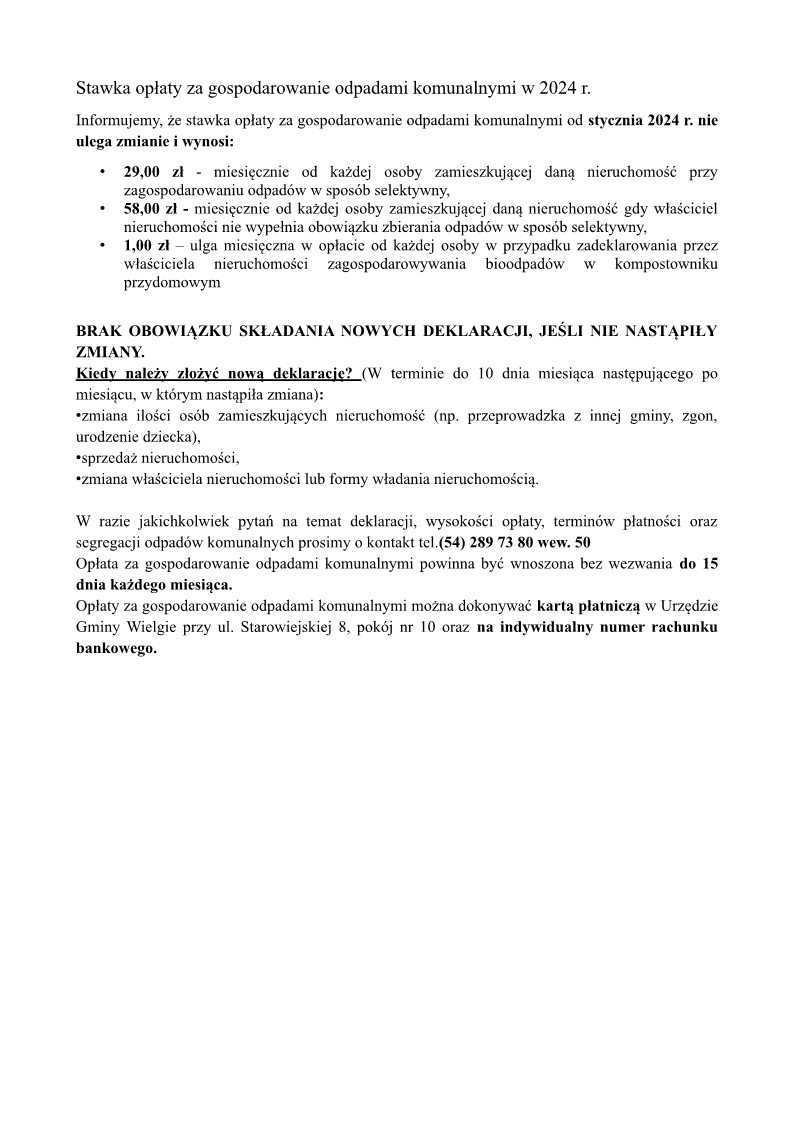 Informacja o wysokości stawek za wywóz nieczystości na 2024 rok