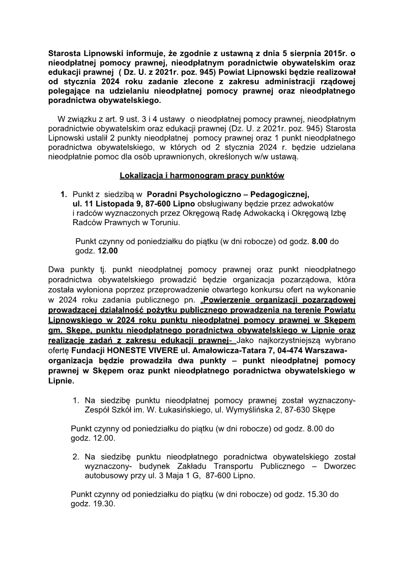 Informacja dotycząca nieodpłatnej pomocy prawnej na terenie Powiatu Lipnowskiego w 2024r - str. 1