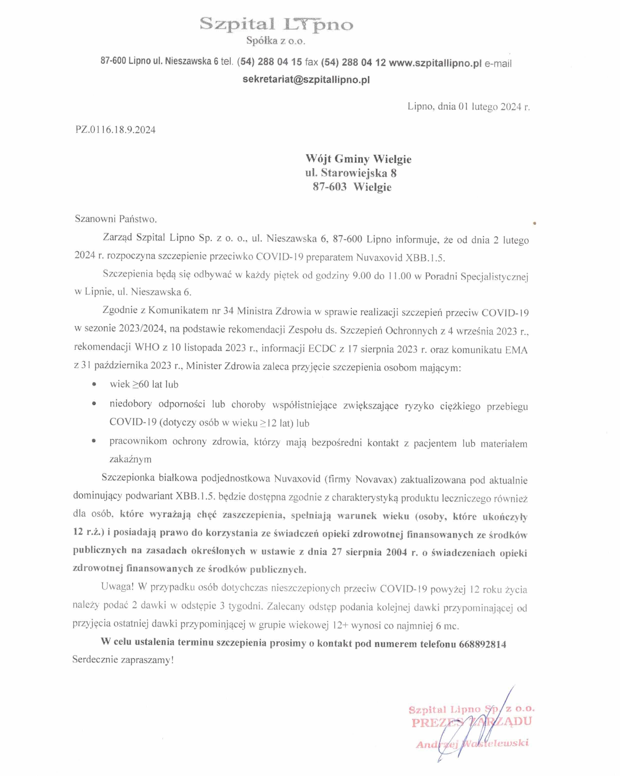 Informacja Szpitala Lipno Sp. z o. o. dotycząca szczepień przeciwko COVID-19