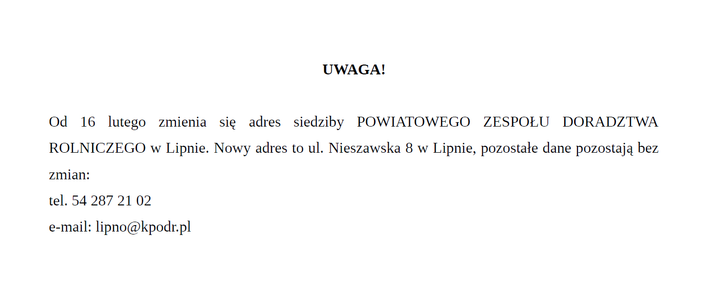 Informacja dotycząca zmiany adresu ODR w Lipnie