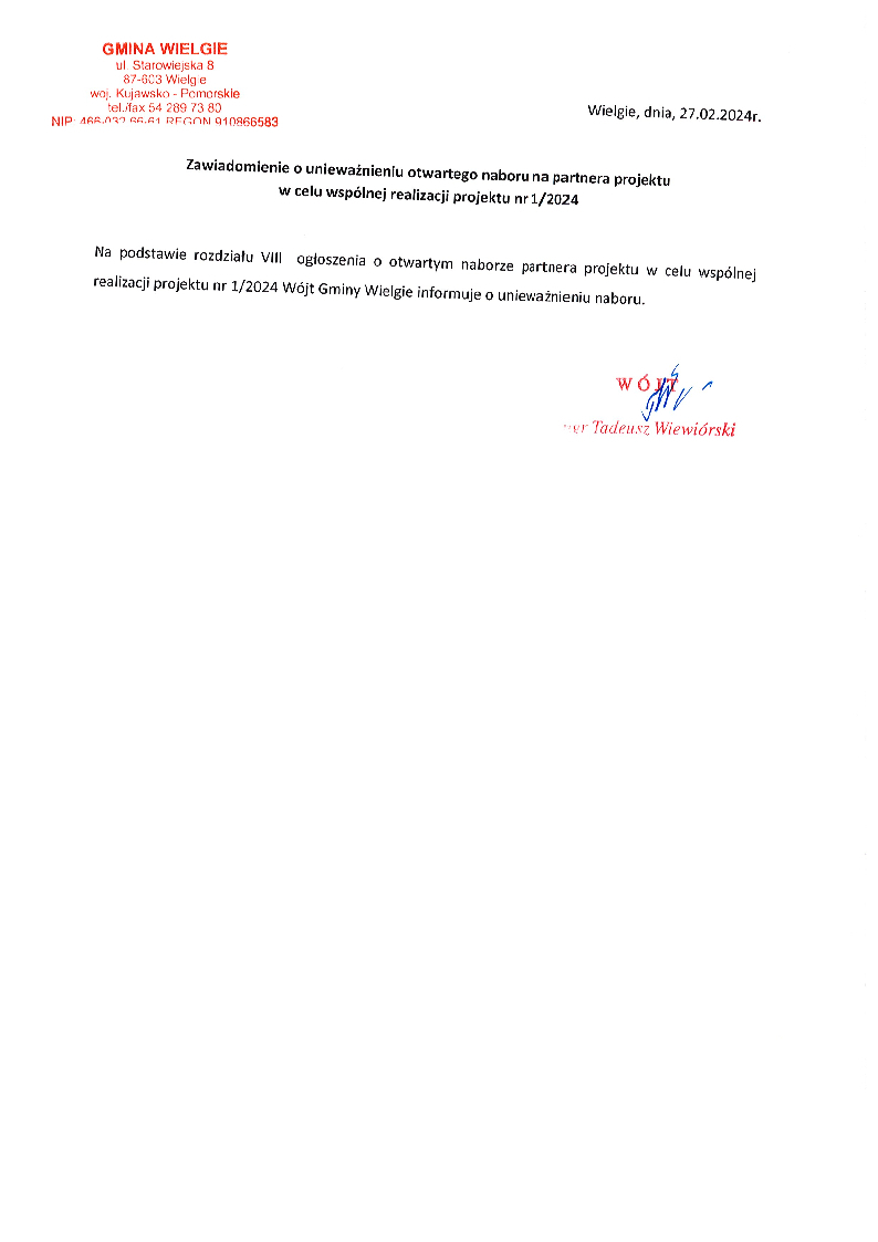 Zawiadomienie o unieważnieniu otwartego naboru na partnera projektu