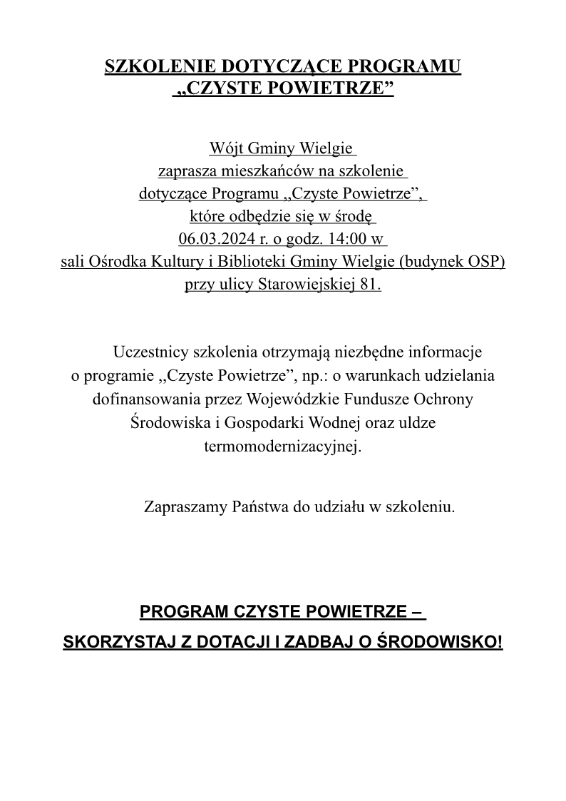 Informacja dotycząca szkolenia dotyczącego programu "Czyste Powietrze"