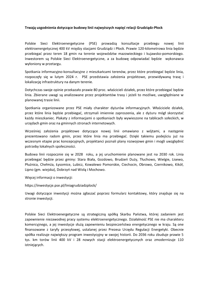 Trwają konsultacje na temat linii elektroenergetycznej Grudziądz-Płock