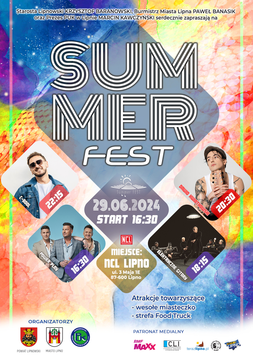 Po środku napis SUMMER FEST, poniżej zdjęcia zespołów, które wystąpią podczas wydarzenia