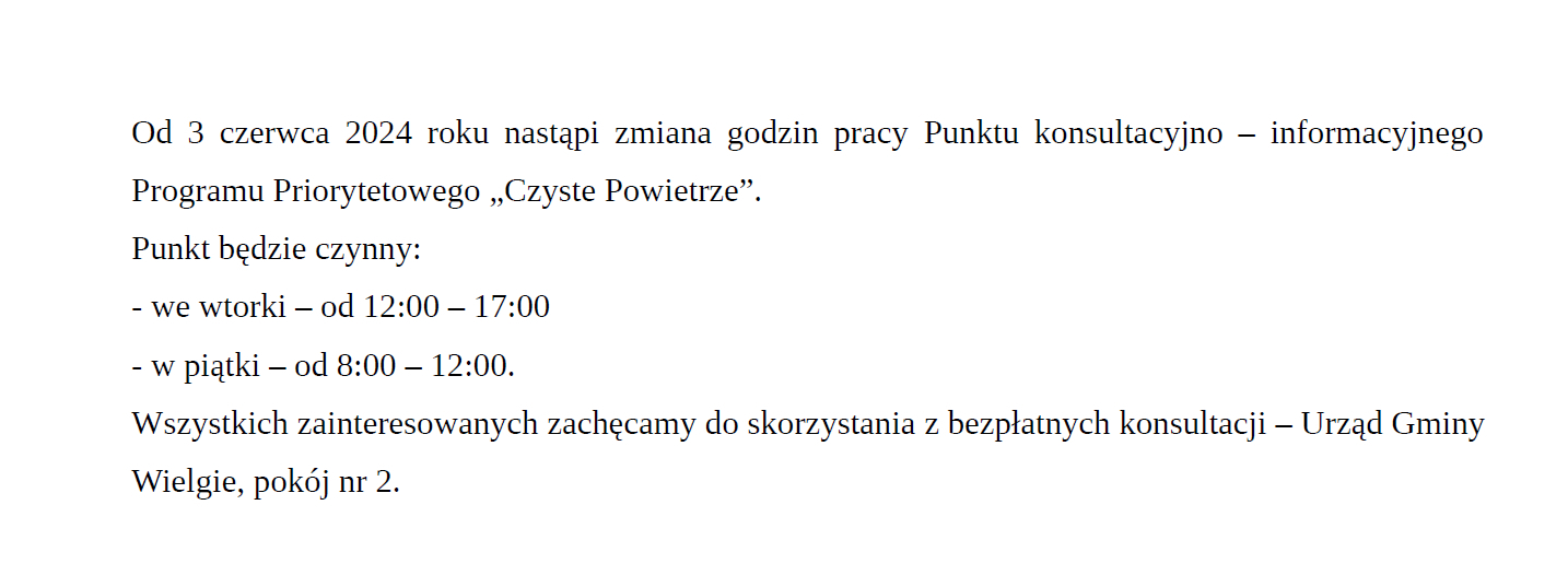 Informacja dotycząca zmian godzin pracy punktu informacyjnego "Czyste powietrze"