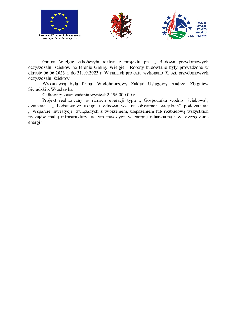Informacja dotycząca zakończenia realizacj projektu - Budowa przydomowych oczyszczalni ścieków