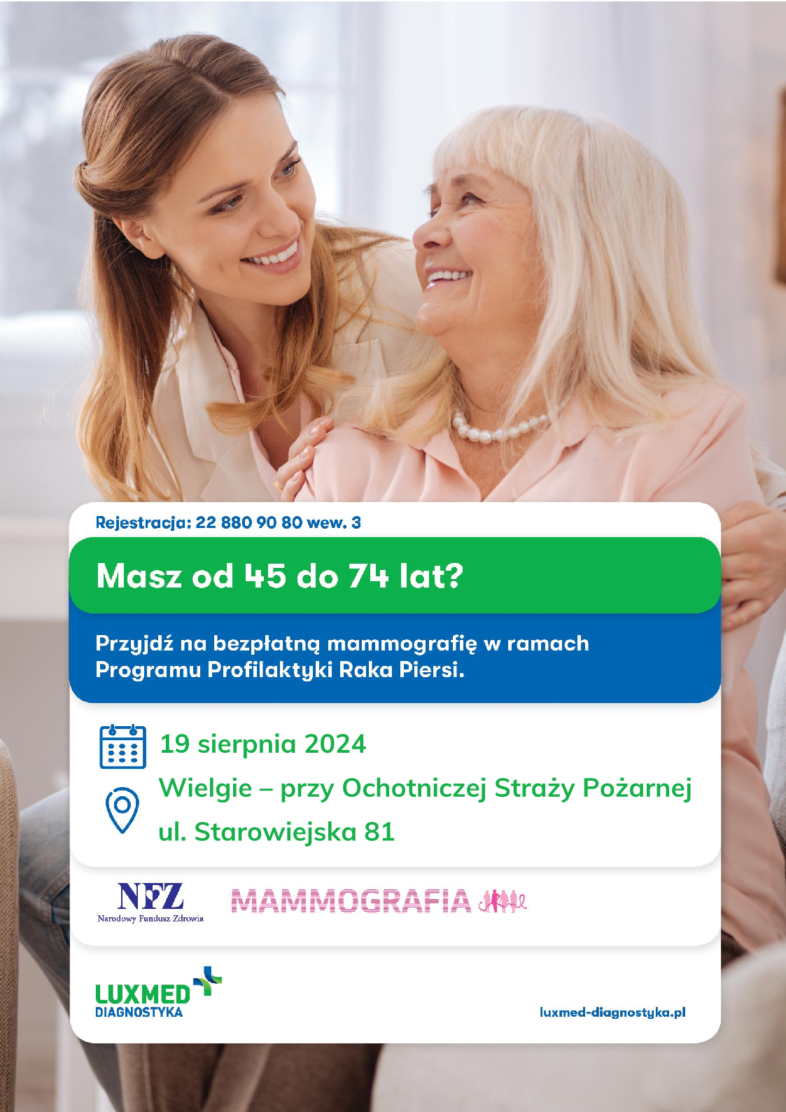 Plakat z informacją o bezpłatnych badaniach mammograficznych