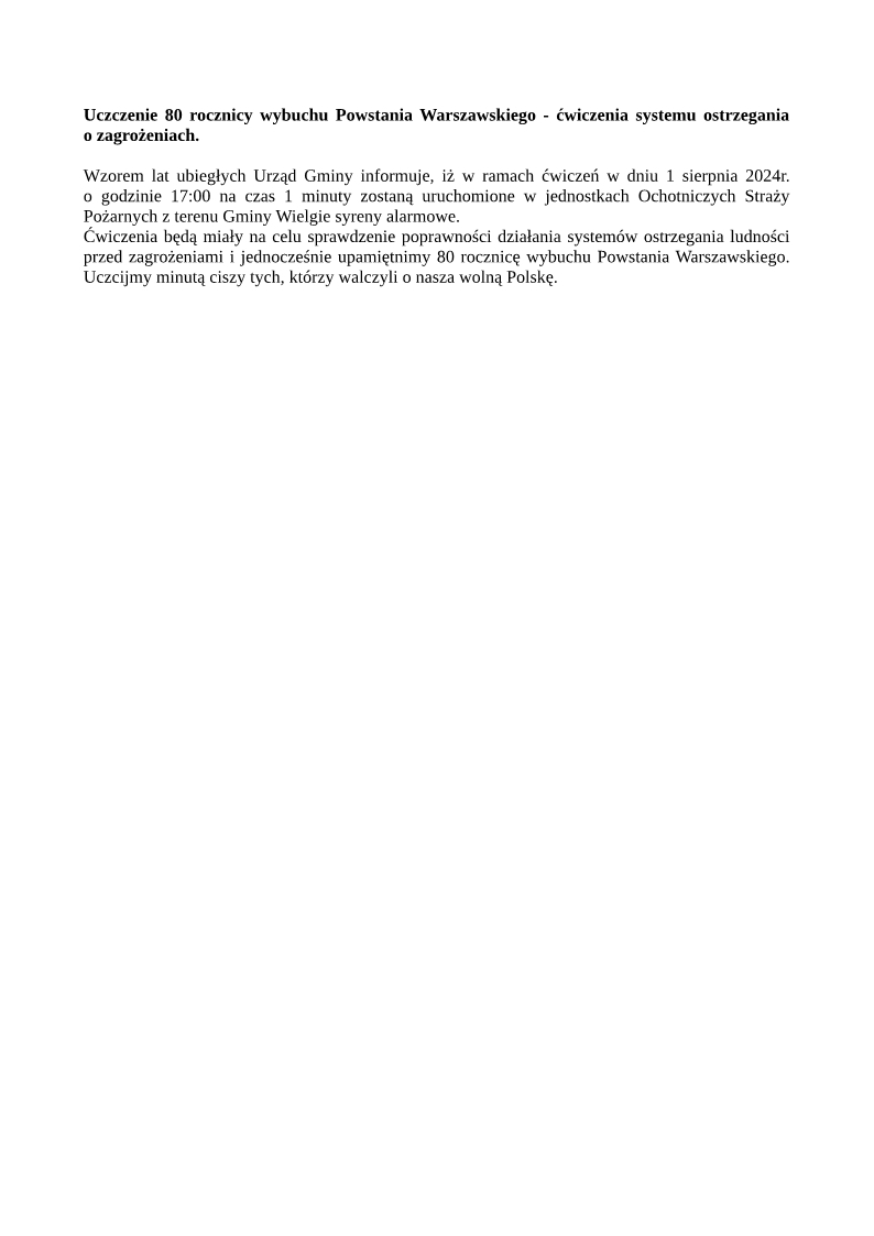 Informacja o ćwiczeniach w dniu 01.08.2024r.