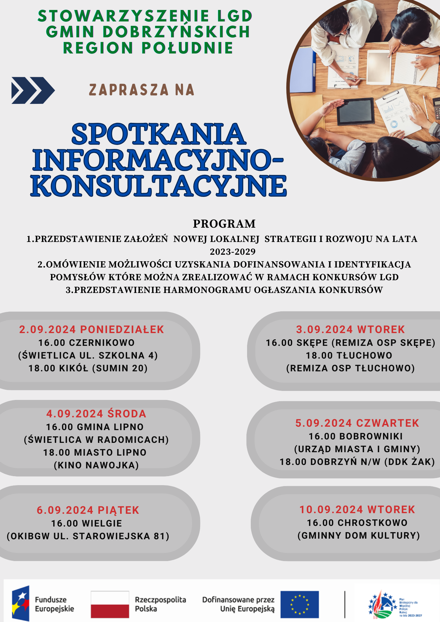 Plakat z informacją o spotkaniach informacyjno - konsultacyjnych LGD