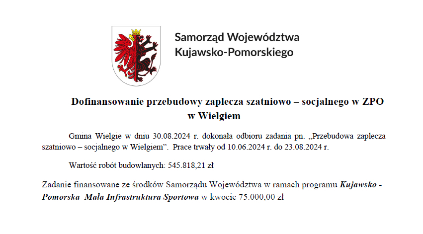 Informacja dotycząca dofinansowania "Przebudowy zaplecza szatniowo - socjalnego w ZPO w Wielgiem"