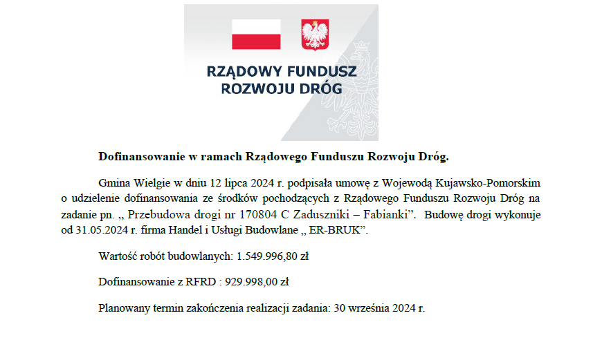 U góry po środku logo Rządowego Funduszu Rozwoju Dróg a poniżej informacja dotycząca dofinansowania