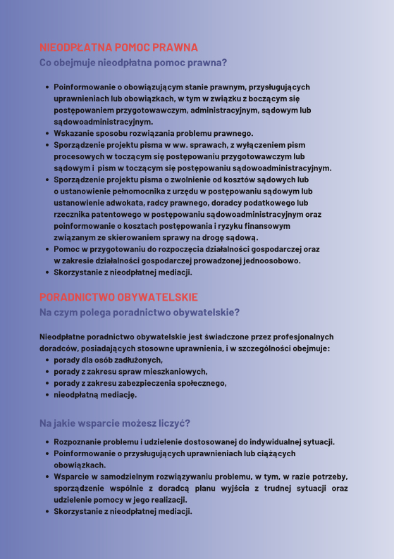 Na niebieskim tle informacja o nieodpłatnej pomocy prawnej i poradnictwie obywatelskim
