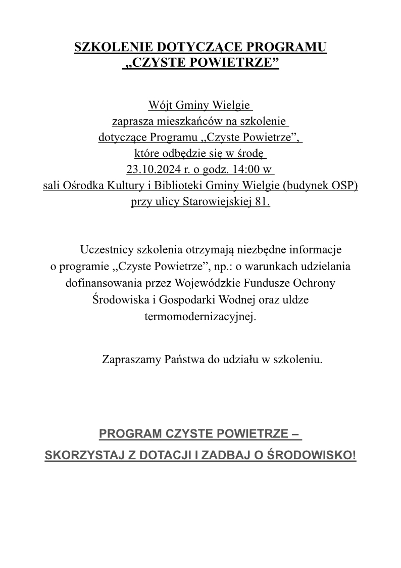 Informacja o szkoleniu dotyczącym Programu "Czyste Powietrze"