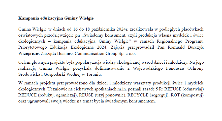 Informacja o Kampanii edukacyjnej w Gminie Wielgie