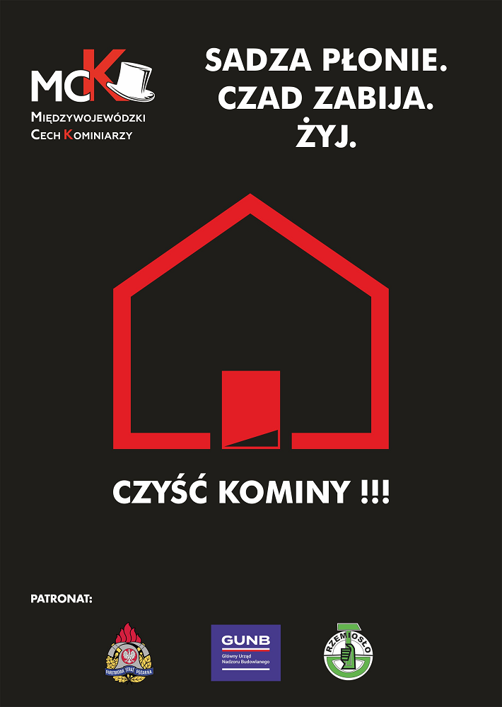 Plakat informujacy o kampanii społecznej "Sadza płonie. Czad zabija. Żyj"!