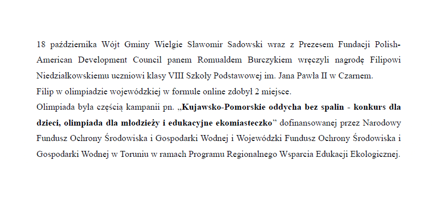 Informacja dotycząca wręczenia nagrody dla ucznia kl. VIII Szkoły Podstawowej w Czarnem