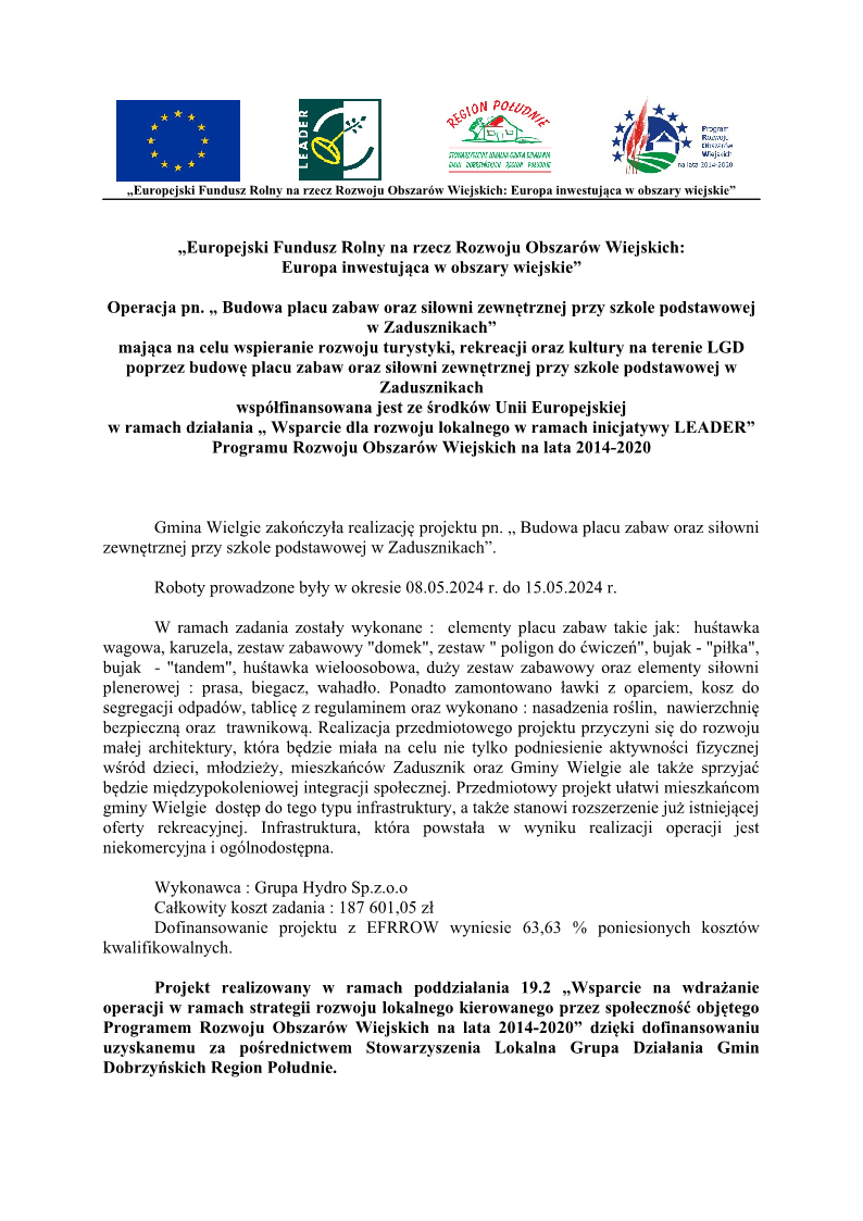 Informacja o zakończeniu budowy placu zabaw oraz siłowni zewnętrznej w Zadusznikach