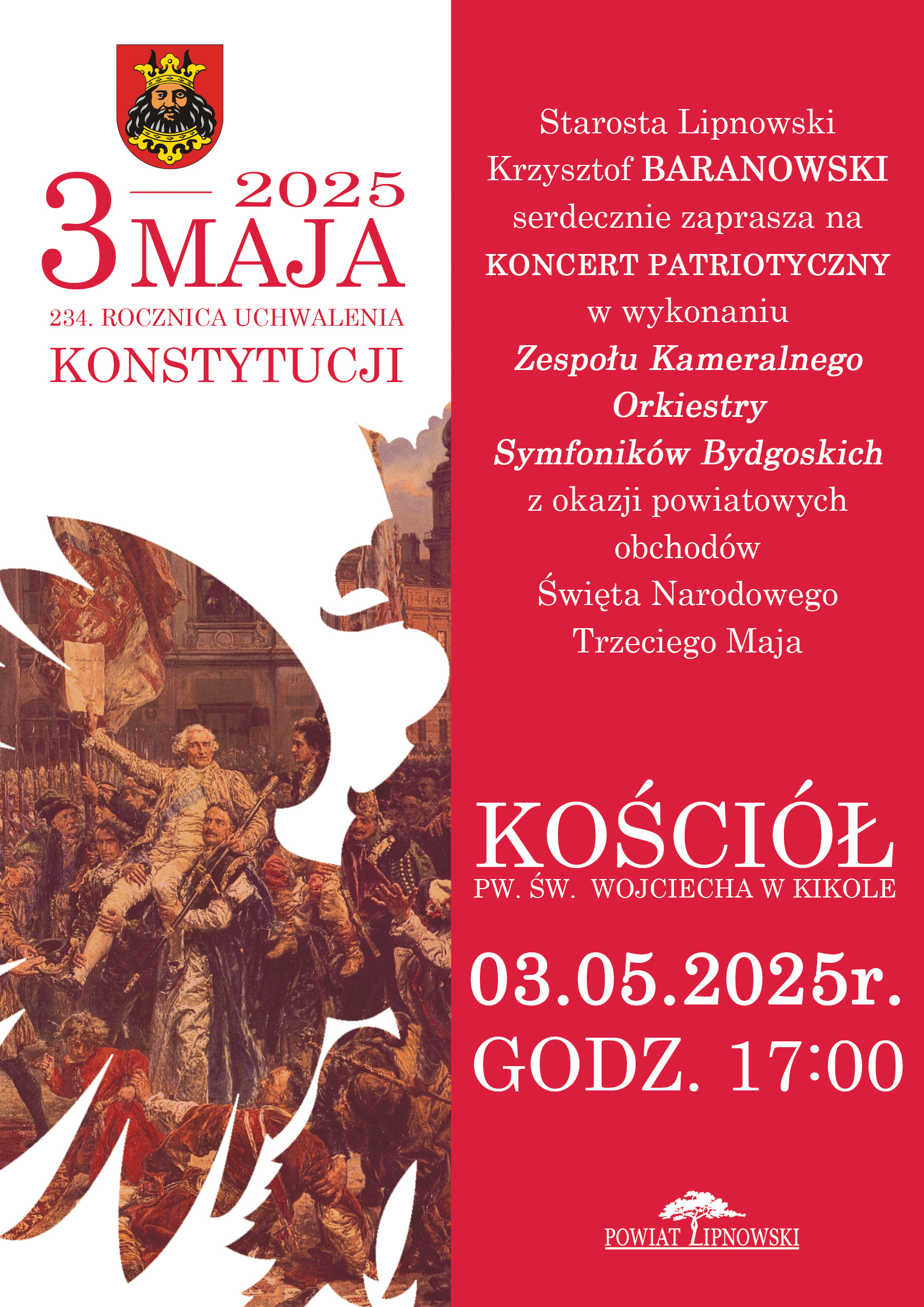 W lewym górnym rogu herb Powiatu Lipnowskiego niżej napis 3 Maja 2025, 234 rocznica uchwalenia Konstytucji