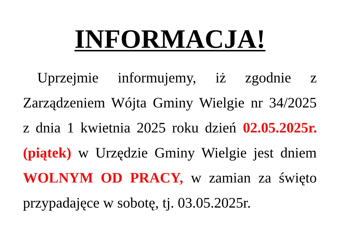 Informacja dotycząca dnia wolnego w Urzędzie Gminy
