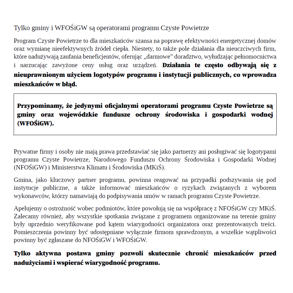 Informacja dotycząca operatorów Programu "Czyste Powietrze"