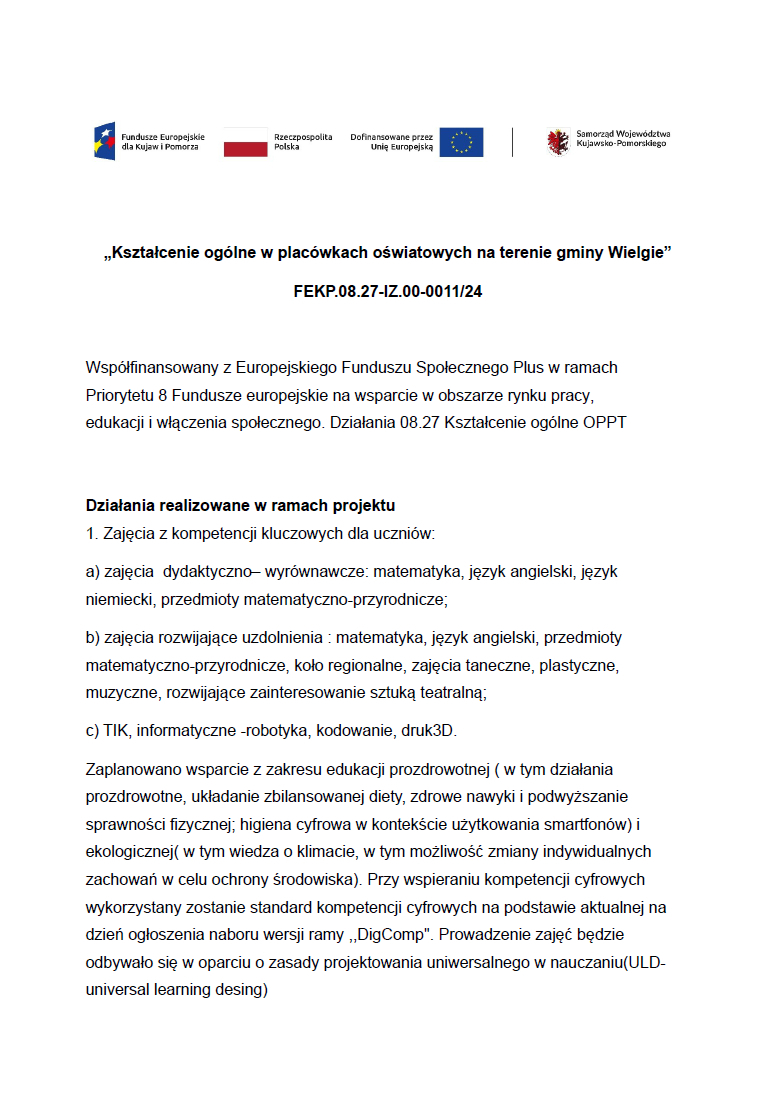 Informacja dotycząca projektu "Kształcenie ogólne w placówkach oświatowych na terenie gminy Wielgie" - str. 1