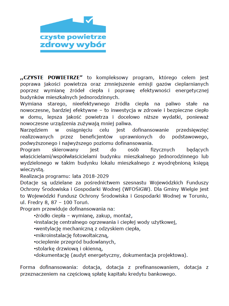 W lewym górnym rogu w niebieskim domku napis "Czyste powietrze zdrowy wybór", poniżej informacja nt. Programu "Czyste...
