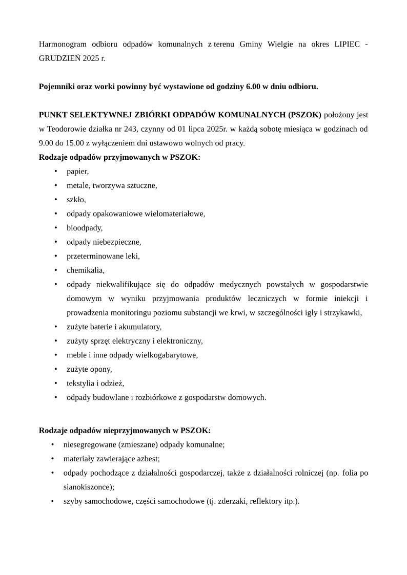 Informacja dotycząca odbioru odpadów z terenu gminy Wielgie
