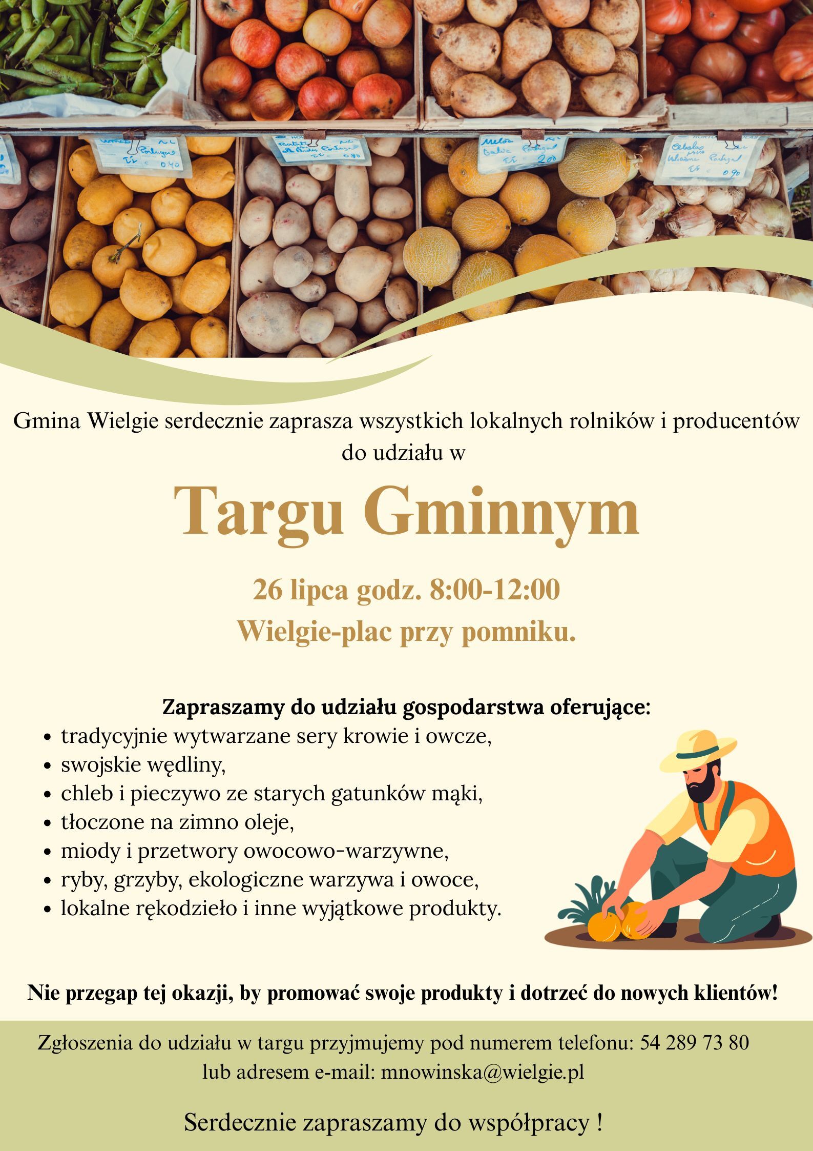 Od góry owoce i warzywa a poniżej informacja o Targu Gminnym