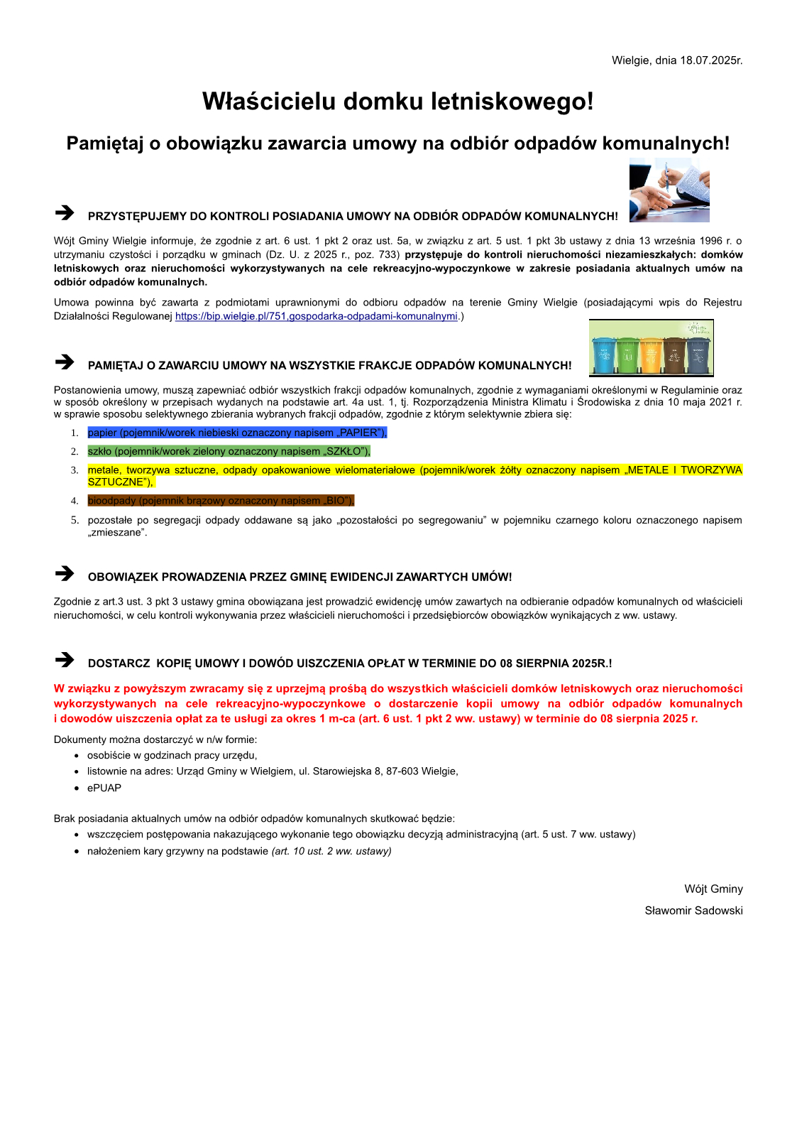 Informacja dotycząca kontroli nieruchomości niezamieszkałych w zakresie posiadania aktualnych umów na odbiór odpadów...