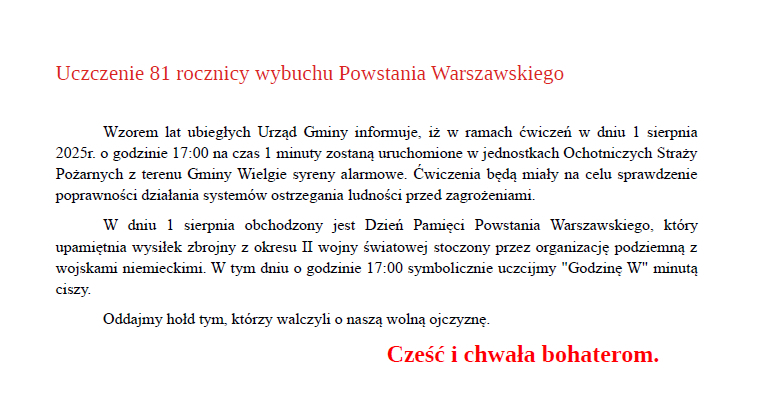 Informacja dotycząca uczczenia 81 rocznicy wybuchu Powstania Warszawskiego